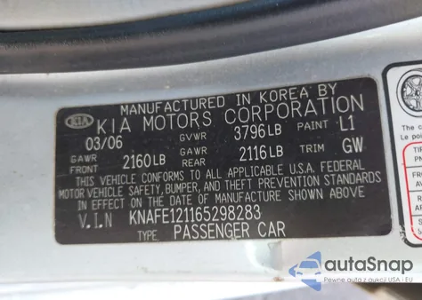 2006 Kia Spectra Ex/Lx/Sx из США, поврежденный, VIN KNAFE121165298283